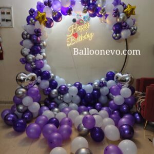 Birthday Purple, Silver, White Balloon Round Decorations