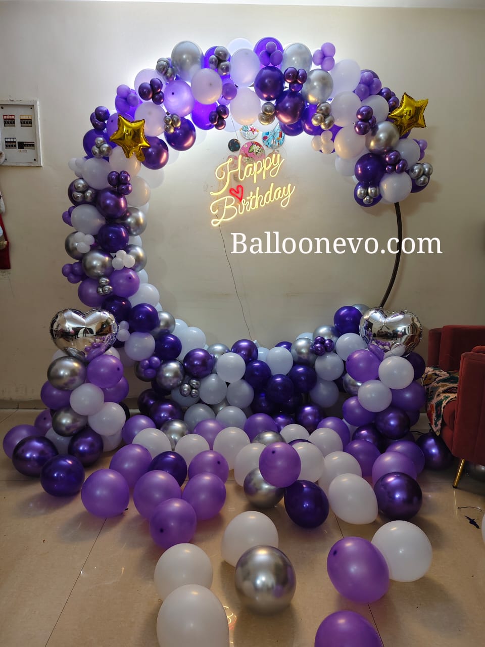 Birthday Purple, Silver, White Balloon Round Decorations